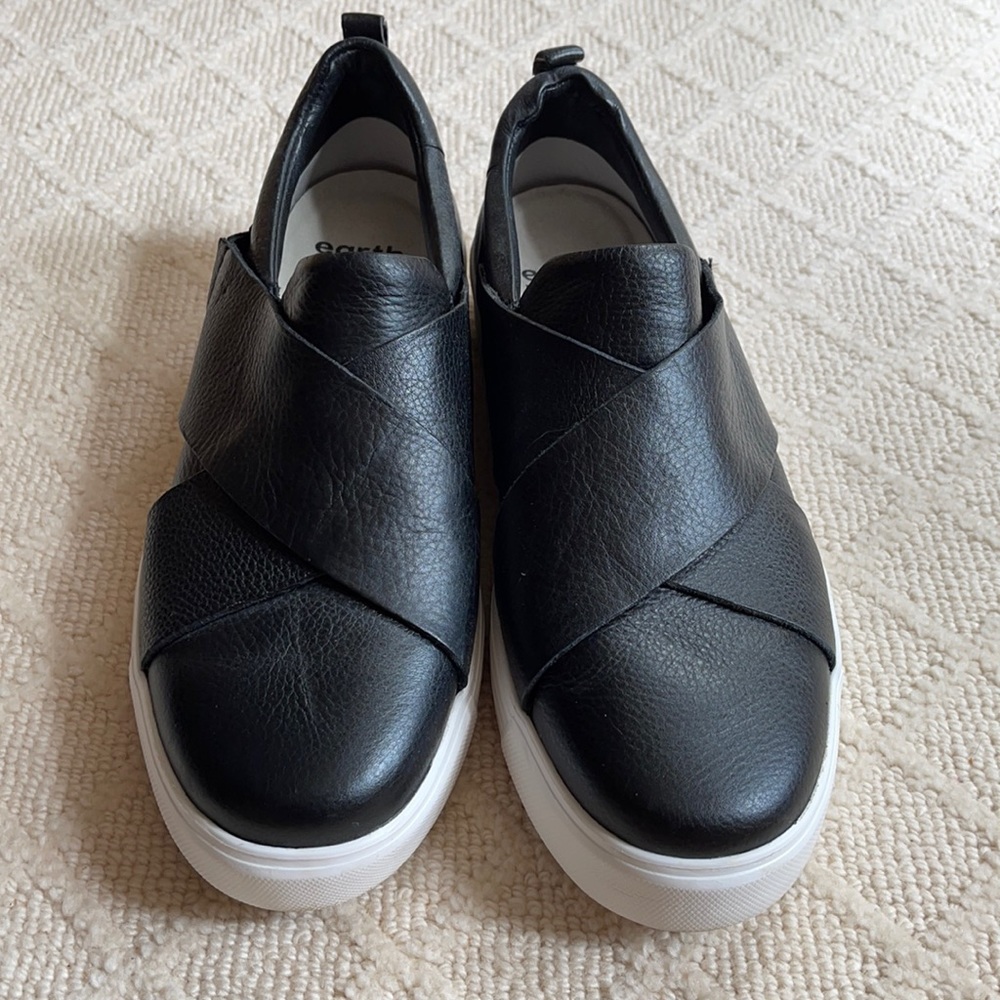 earth black slip on loafers